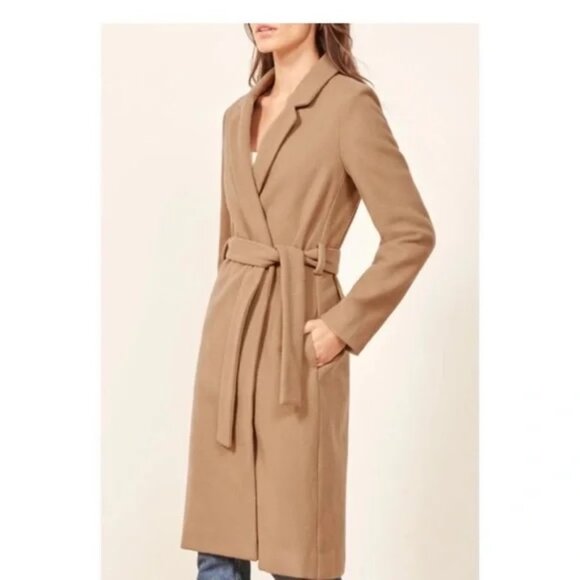 Reformation Barton Belted Wrap Wool Trench Coat Camel Tan - Picture 2 of 10